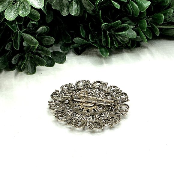 Vintage Textured Filigree Floral Burst Statement Brooch Silver Tone - Picture 5 of 5